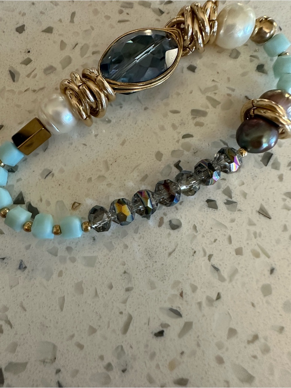 Handmade Gold & Blue Glass Bead Statement Bracelet with Aqua Accents and pearls - Picture 4 of 6